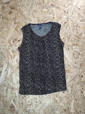 Uniti Stretch Tank Top Womens XL Black White Polka Dot Pleated Neck Sleeveless